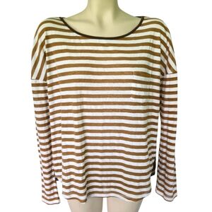 HEM&THREAD Cotton Stretch Striped Long Sleeve Tee‎ With Contrast Cream Tan Large